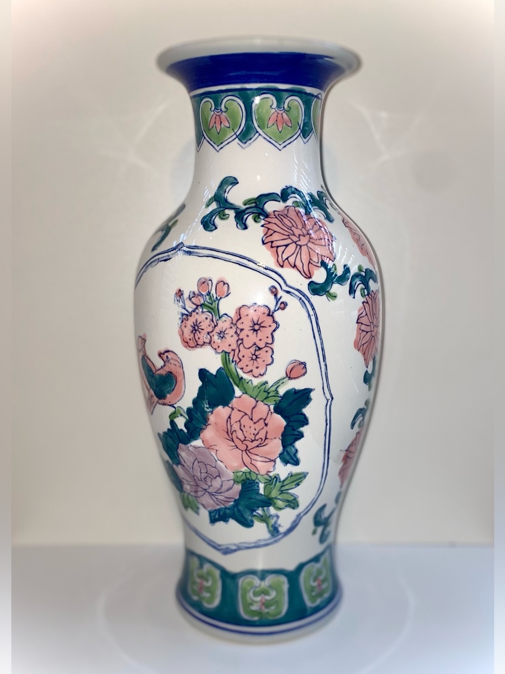 Large 14” Vintage Hand-Painted Chinoiserie Ceramic Vase in White, Pink & Green